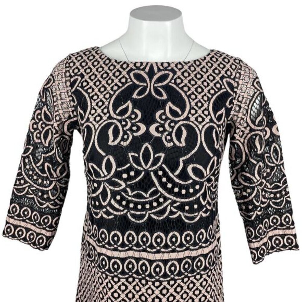ELIZA J Lace Overlay Cocktail Sheath Dress Sz 4 Nude Pink Black - Picture 2 of 4